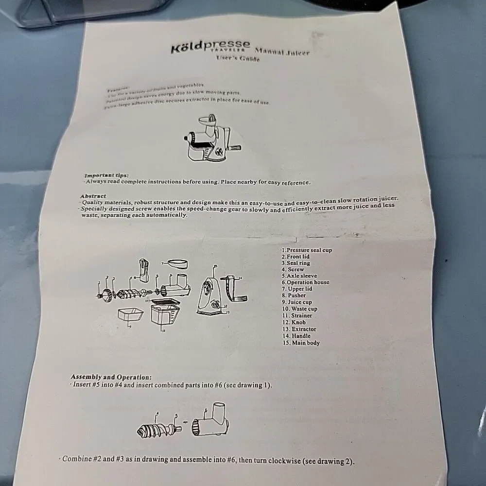 KoldPresse Juice Extractor Manual Juice‎ Maker for Travel Missing StrainerEUC
